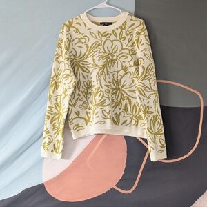 Tahari Floral Design Off White Green Crewneck Sweater